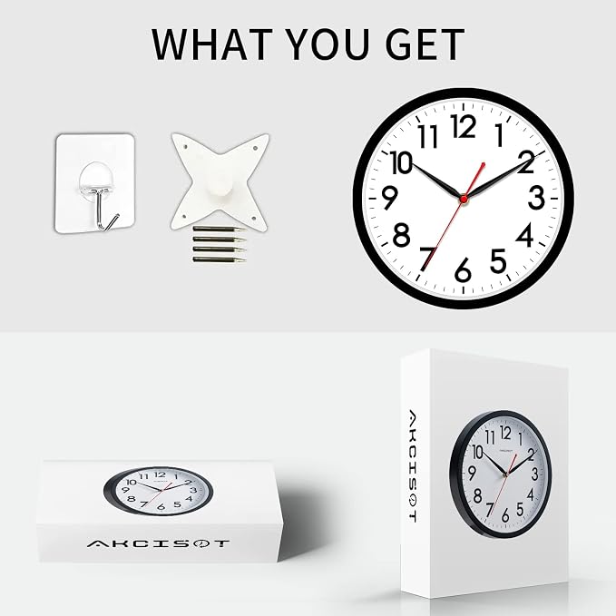AKCISOT 14 Inch Wall Clock Silent Non-Ticking Modern Wall Clocks Battery Operated - Analog Classic Clock for Office, Home, Bathroom, Kitchen, Bedroom, School, Living Room(Black)