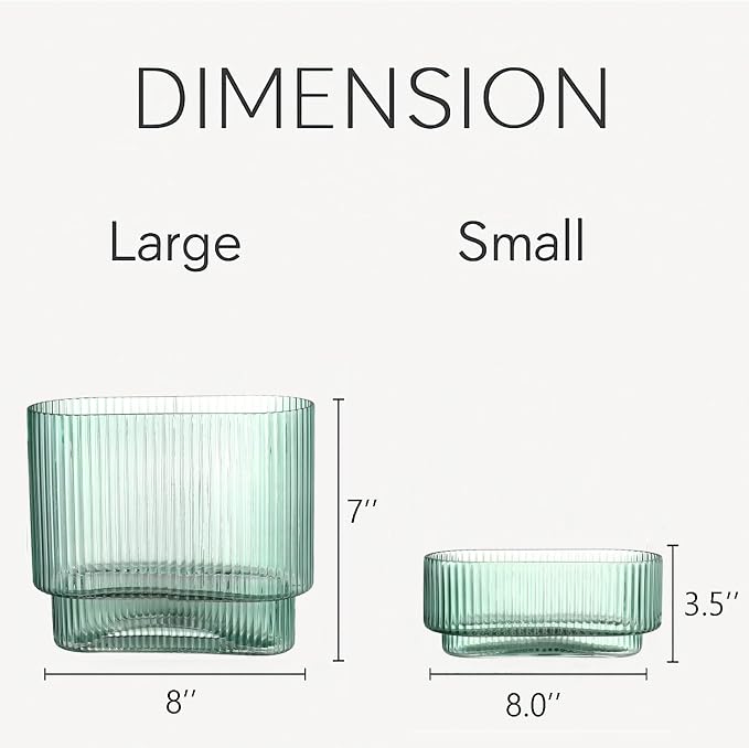 Short Glass Vases, Set of 2 Green Glass Vases for Tulips, Ribbed Vase for Flowers, Modern Small Vase for Living Room, Dining Room, Bathroom, Desk, Shelf, Wedding, Office