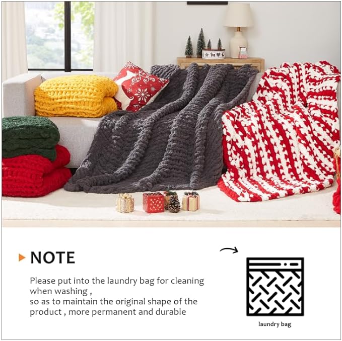 L'AGRATY Chunky Knit Blanket Throw: 50''x60'' Chenille Chunky Knitted Throw Blanket for Bed Couch - Handmade Thick Big Cable Knit Blanket - Large Crochet Rope Blankets for Home Decor(Tan)