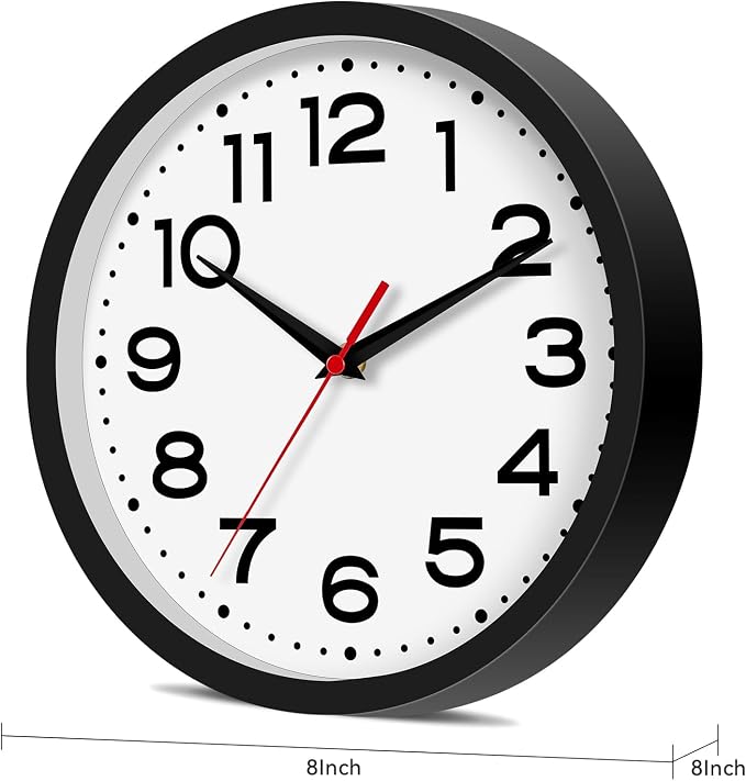 Roymnie Wall Clock Silent Non-Ticking Modern Clock Battery Operated 8 Inch Small Classic Analog Decorative for Classroom, Living Room, Office, Bedroom, School, Hotel (Black)