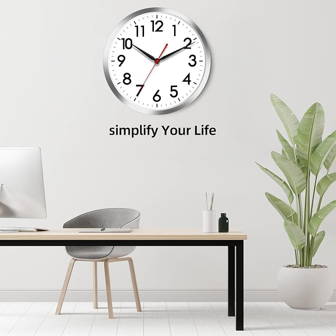 AKCISOT Wall Clock 10 Inch Silent Wall Clocks Battery Operated Non Ticking - Modern Silver Clock Decorative for Kitchen, Bathroom, Bedroom, Living Room, Office, Home(Silver)