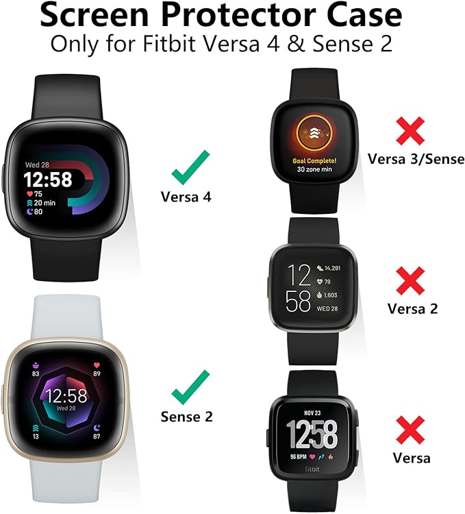 Vancle Case for Fitbit Versa 4 / Fitbit Sense 2, 4-Pack Screen Protector Tempered Glass Full Around Hard PC Case with Sensitive Touch Film Protective for Fitbit Sense 2 / Versa 4(Black + Starlight + Navy Blue + Dark Green)