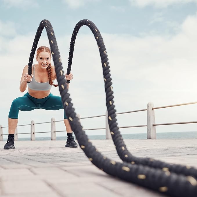MECCANIXITY Battle Rope 50ft x 1.5 Inch Polyester Workout Rope Heavy Fitness Exercise Rope for Strength Training Home Gym Muscle Building, Black