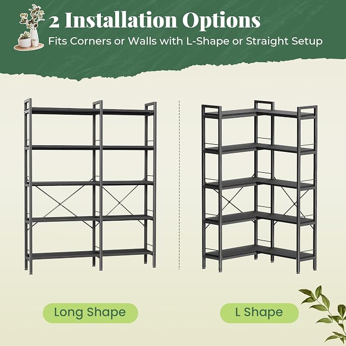 Huuger 5 Tier Bookshelf, L Shaped Corner Bookshelf with 10 Open Shelves, 49.4 Inch Straight Wide Bookcase with Metal Frame and Wooden Board, Adjustable Feet, Black