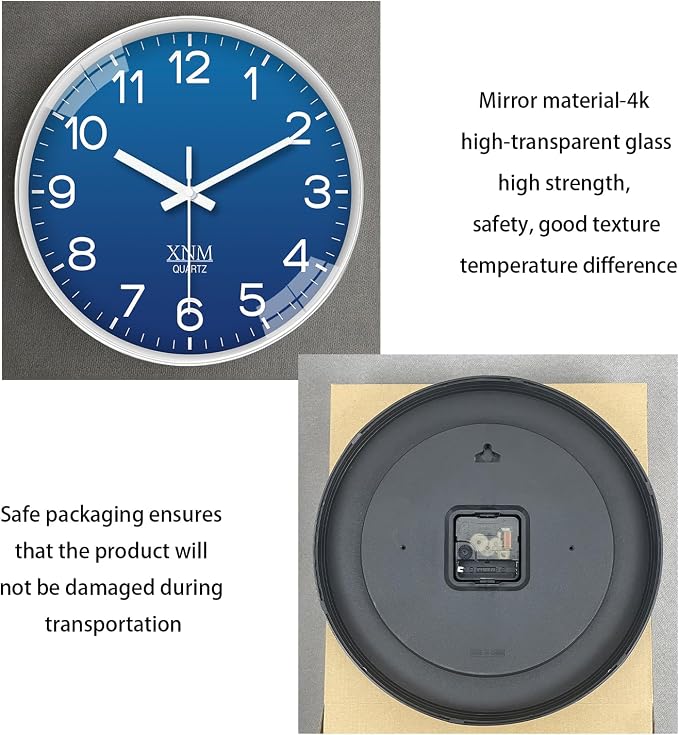 XNM Modern Analog Wall Clocks Battery Operated Navy Blue Wall Clock for Living Room Bedroom Home Office 14 Inch Round Minimalist Wall Clock Silent
