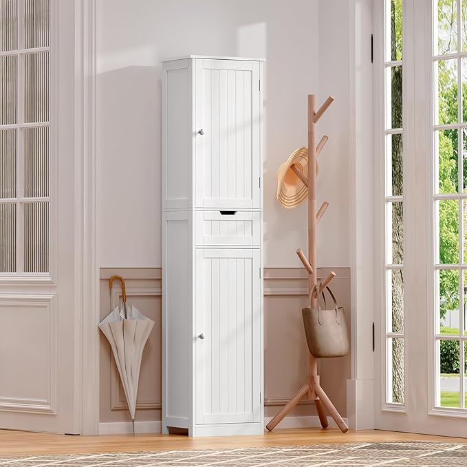 Iwell 67" Tall Bathroom Cabinet, Storage Cabinet with 2 Doors & 1 Drawer, Bathroom Storage Cabinets with Adjustable Shelves, for Living Room, Entryway, Home Office, White
