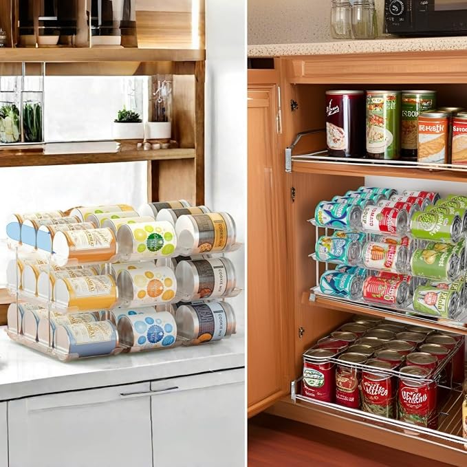 Attelite Can Organizer for Pantry, 3 Sets 2Tiers Can Storage Organizer Pantry, Soda Can Organizer for Fridge 24 Cans Rack Automatic Rolling Stackable Canned Food Organizer,Clear