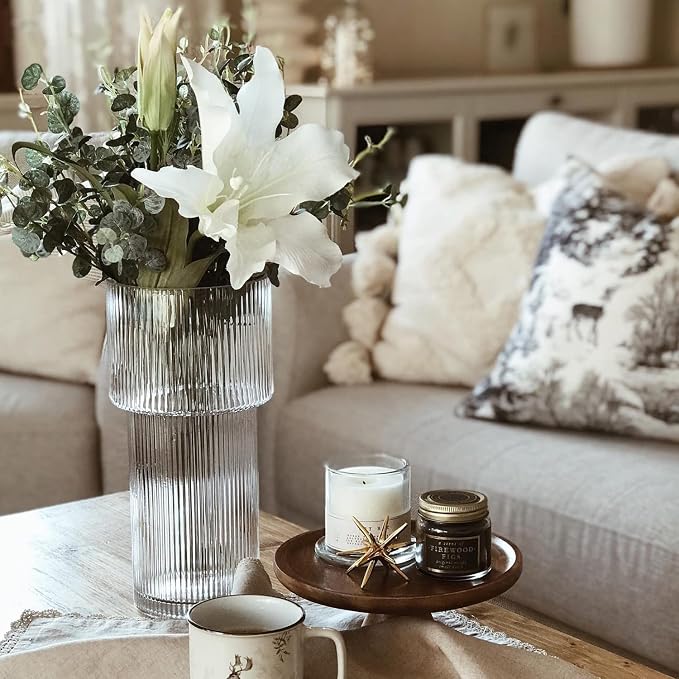 Large Glass Vase, 12 Inches Tall Vase for Flowers, Flower Vases for Bouquet, Modern Ribbed Glass Vases for Living Room, Dining Table, Office, Entryway, Mantle, Shelf, Wedding Gifts