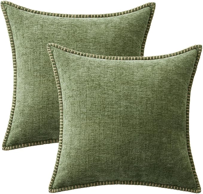 MIULEE Pack of 2 Couch Throw Pillow Covers 18x18 Inch Sage Green Farmhouse Decorative Pillow Covers with Stitched Edge Soft Chenille Solid Dyed Summer Pillow Covers for Sofa Bed Living Room