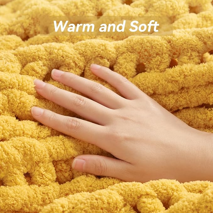 Chunky Knit Throw Blanket, 30''*40'' Knitted Throw Chenille Yarn for Bed Couch, Handmade Yellow Crochet Big Thick Blanket, Machine Washable Cute Comfy Blanket for Home Decor