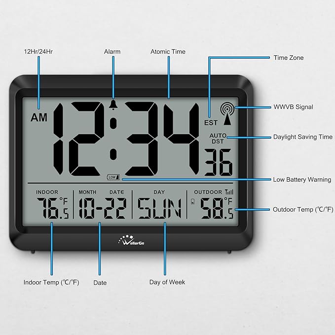 WallarGe Atomic Clock with Indoor Outdoor Temperature - 8.5'' Digital Clock Battery Operated, Self-Setting, 4 Time Zones, DST