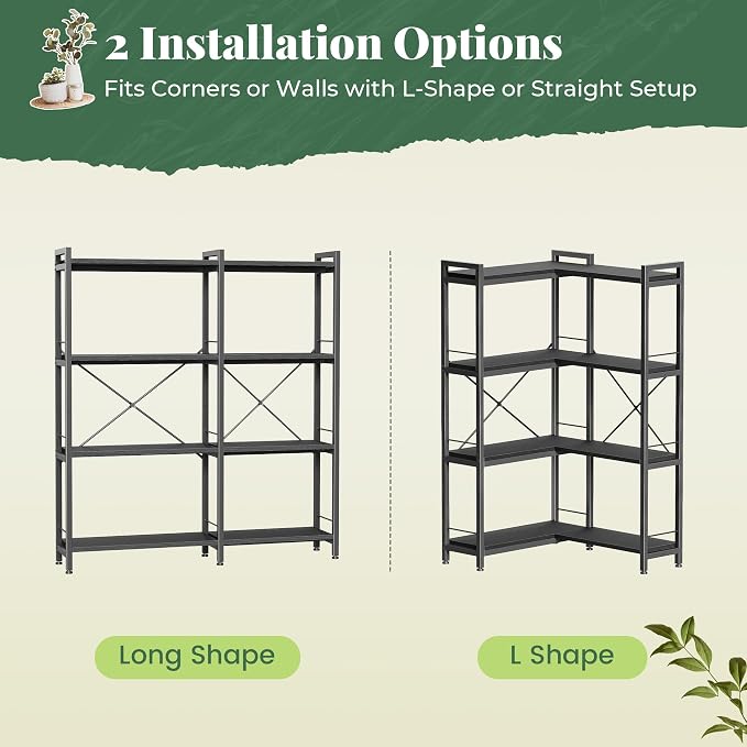 Huuger 4 Tier Bookshelf, L Shaped Corner Bookshelf with 8 Open Shelves, 49.4 Inch Straight Wide Bookcase with Metal Frame and Wooden Board, Adjustable Feet, Black