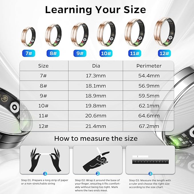 Ultra-Thin Smart Ring for Women Men,Sleep Tracker Ring with Heart Rate, Waterproof Fitness Ring for Activity Monitoring/Steps/Calories,No Subscription Fee,for iSO & Android (ROSEGlod,12#)