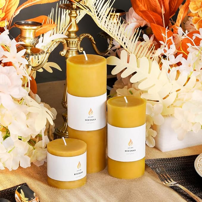 3PCS 3"x 3" Beeswax Pillar Candles, Made of Pure Natural Beeswax, with Ultra Long Burning Time and Low Allergenicity-Raw,40H
