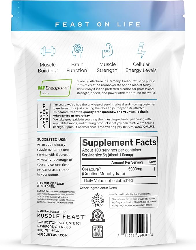 Muscle Feast Creapure Creatine Monohydrate Powder, Vegan Keto Friendly Gluten-Free, Mass Gainer, Muscle Recovery Supplement and Trusted Creatine for Muscle Growth, Creatine Powder, Unflavored, 500g