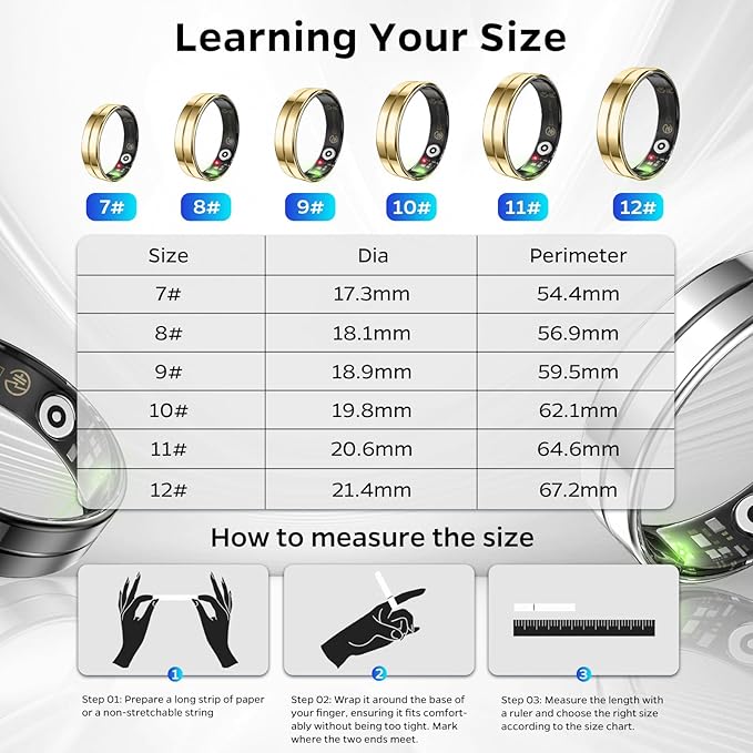 Upgrade Smart Health Ring for Women Men,Waterproof Fitness Ring, Fitness Tracker for Activity Monitoring,Sleep Tracker, No Subscription Fee, Smart Ring for iSO & Android (Gold,12#)