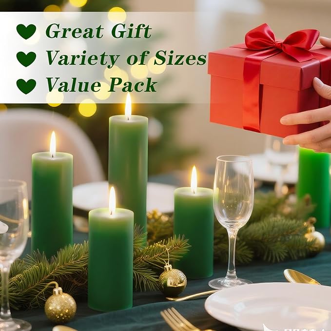 36 Pcs Green Pillar Candles Bulk Set,Hurricane Candlesï¼? Different Lengths (12 Each),Dripless Unscented Smokeless,Gives You a Better Atmosphere When Organizing Wedding or Event Party.
