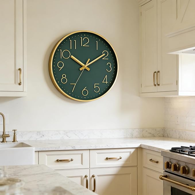 DAXSMY Wall Clock - 12 Inch Silent Non-Ticking Modern 3D Wall Clocks Battery Operated - Decorative Clock for Kitchen, Home Office, Bathroom, Bedroom, Living Room(Dark Green)