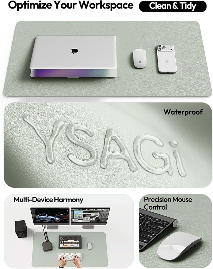 YSAGi Leather Desk Pad Protector, Office Desk Mat, Large Mouse Pad, Non-Slip PU Leather Desk Blotter, Laptop Desk Pad, Waterproof Desk Writing Pad for Office and Home (Grayish Green,55" x 17.2")