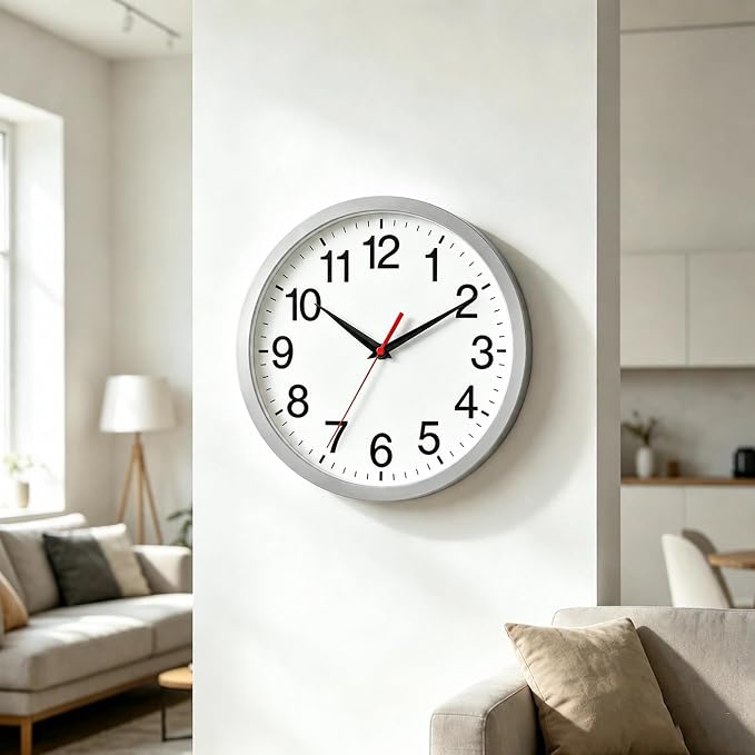 Rohioue 12 Inch Wall Clock Modern Battery Operated Silent Non Ticking Analog Clock Decorative for Bedroom Kitchen Bathroom Office Home Living Room (Silver)
