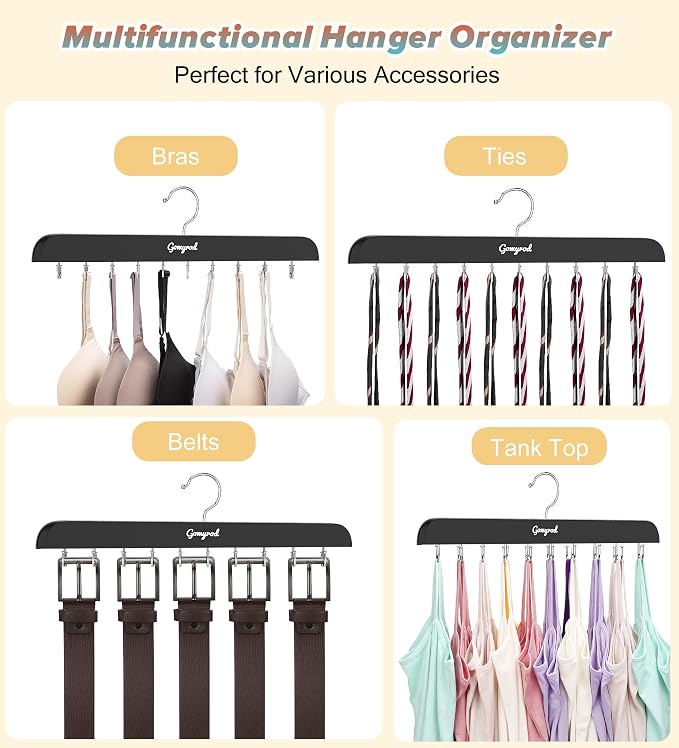 Gomyrod Bra Hanger for Closet, 2 Pack Tank Top Hangers w/20 Hooks Holds 40 Bras, Capacity Foldable Wood Space Saving Hanger, 360°Rotating Closet Organizers and Storage for Dorm & Apartment(Black)