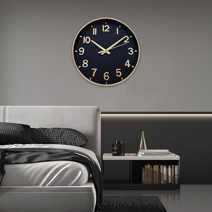 HZDHCLH Wall Clocks Battery Operated,Wall Clock Black Gold,8 inch Wall Clock Silent Non Ticking Modern 3D Numbers for Kitchen Bedroom Living Room Office Classroom Decor