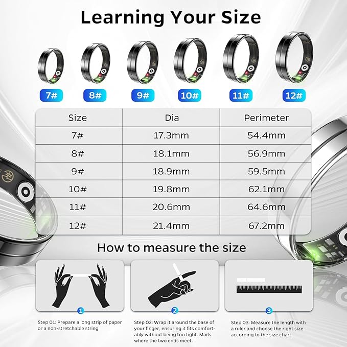 Ultra-Thin Smart Ring for Women Men,Sleep Tracker Ring with Heart Rate, Waterproof Fitness Ring for Activity Monitoring/Steps/Calories,No Subscription Fee,for iSO & Android (Black,8#)