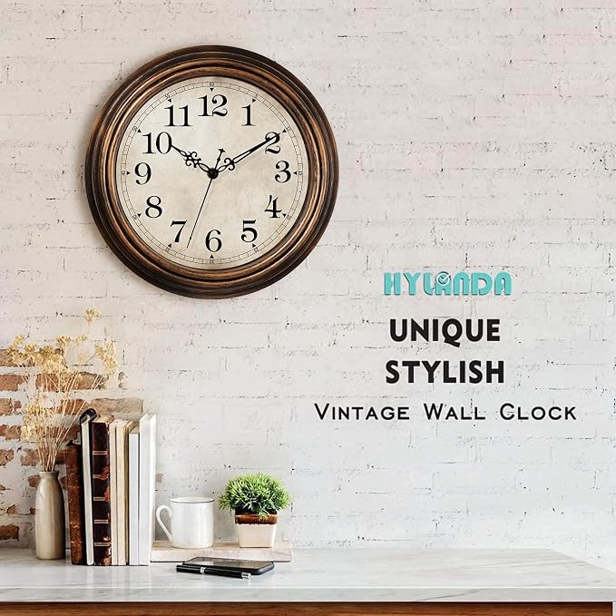 Wall Clock - 12 Inch Vintage Battery Operated - Retro Silent Non Ticking - Decorative Living Room Home Kitchen School Office