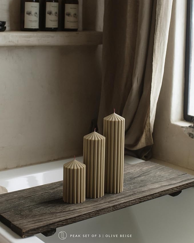 LAWA Ribbed Peak Pillar Candle - Large Beautiful Handmade Pillar Scented Soy Wax Candle Elegant Bubble Aesthetic Candle Housewarming Gift Home Room Shelf Decor Idea Olive Beige (Large)