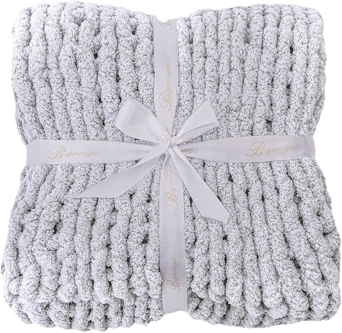Bigacogo Chunky Knit Throw Blanket for Couch, 51x63 inches, 100% Hand Knitted with Thick Jumbo Chenille Yarn, Cozy Soft Large Rope Knot Cable Crochet Blankets for Sofa Bed Living Room, Light Grey