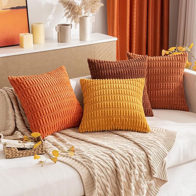MIULEE Pack of 2 Corduroy Decorative Throw Pillow Covers 16x16 Inch Soft Boho Striped Pillow Covers Modern Farmhouse Home Decor for Sofa Living Room Couch Bed Rust