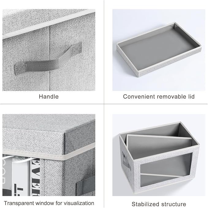 Homsorout Foldable Storage Bin with Lid - Closet Storage Organizer with Window, Storage Bins with Lids for Clothes, Fabric Storage Baskets for Shelves, Bedroom, Dorm, Light Grey, 4 Pack