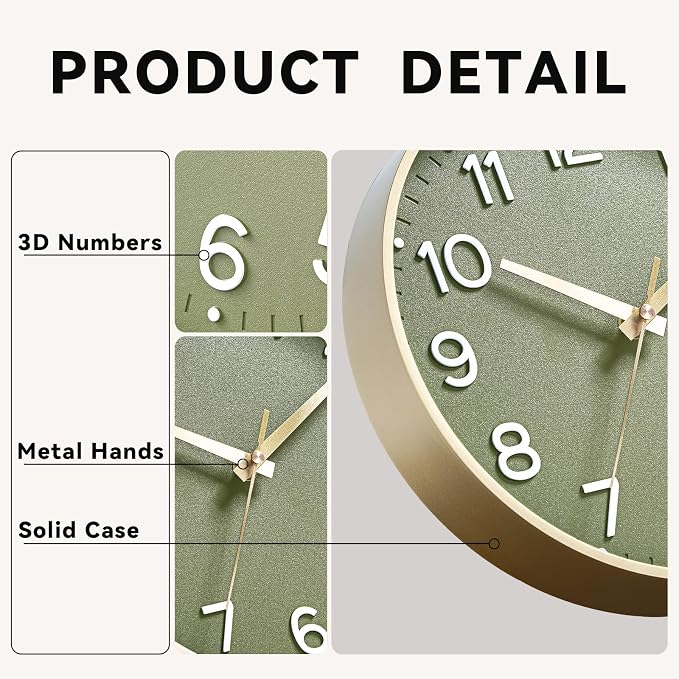 Roymnie Wall Clock 14 Inch Silent Green Wall Clocks Battery Operated- Modern Non Ticking Analog Clock Decorative for Living Room Bedroom Office Kitchen(Gold)