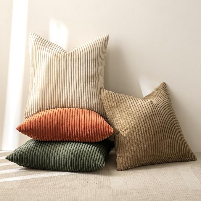 MIULEE Boho Farmhouse Throw Pillow Covers 24x24 Inch Set of 4 Mordern Rust-Olive Green Cushion Covers Soft Corduroy Nordic Home Decor for Spring Couch Bed Sofa Living Room