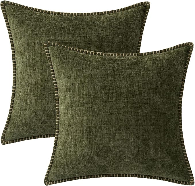 MIULEE Pack of 2 Couch Throw Pillow Covers 18x18 Inch Olive Green Farmhouse Decorative Pillow Covers with Stitched Edge Soft Chenille Solid Dyed Pillow Covers for Sofa Bed Living Room