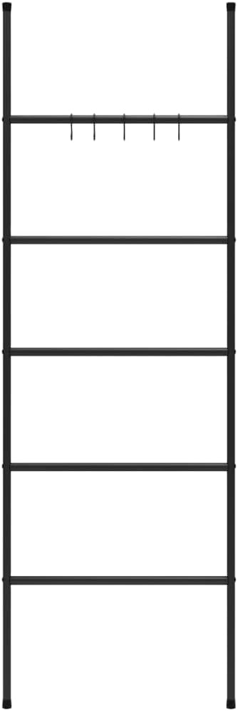 Iron 5 Tier Towel Rack Ladder, Black Free Standing Towel Holder with 5 Hooks, Sturdy Wall Leaning Storage Rack for Bathroom Living Room Bedroom Hallway, 22.8x68.9 Inches