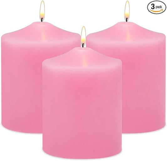Unscented Pink Pillar Candles, 45 Hour 3x4 Inch Dripless Tapered Fat Column Cylinder Candles for Valentine's Day Home Party Holidays, 3 Packs