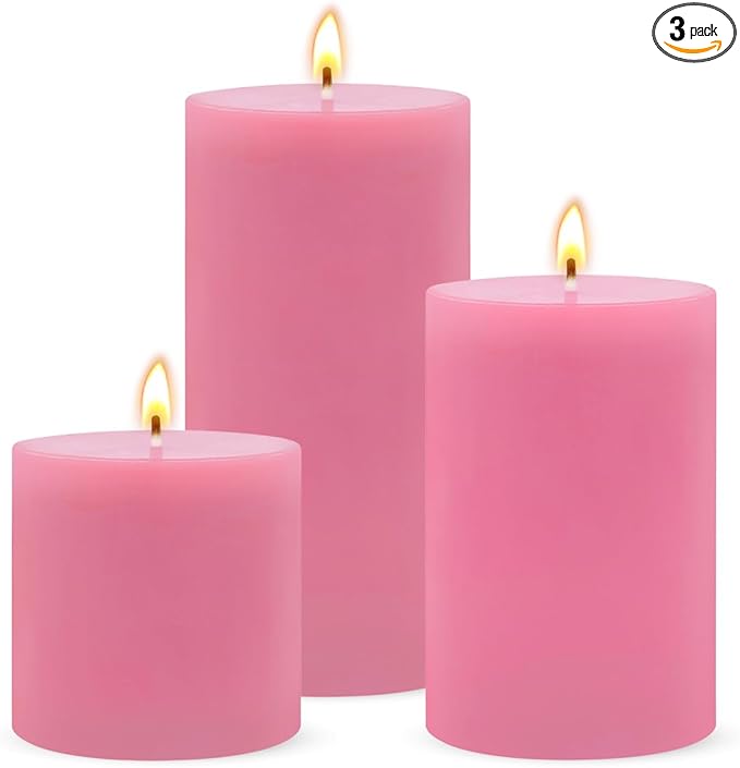 Pink Unscented Pillar Candles 3-Pack ??Dripless & Smokeless, Long-Burning Thick Candles (2",3",4" Heights) for Weddings, Home Decor & Serene Ambiance