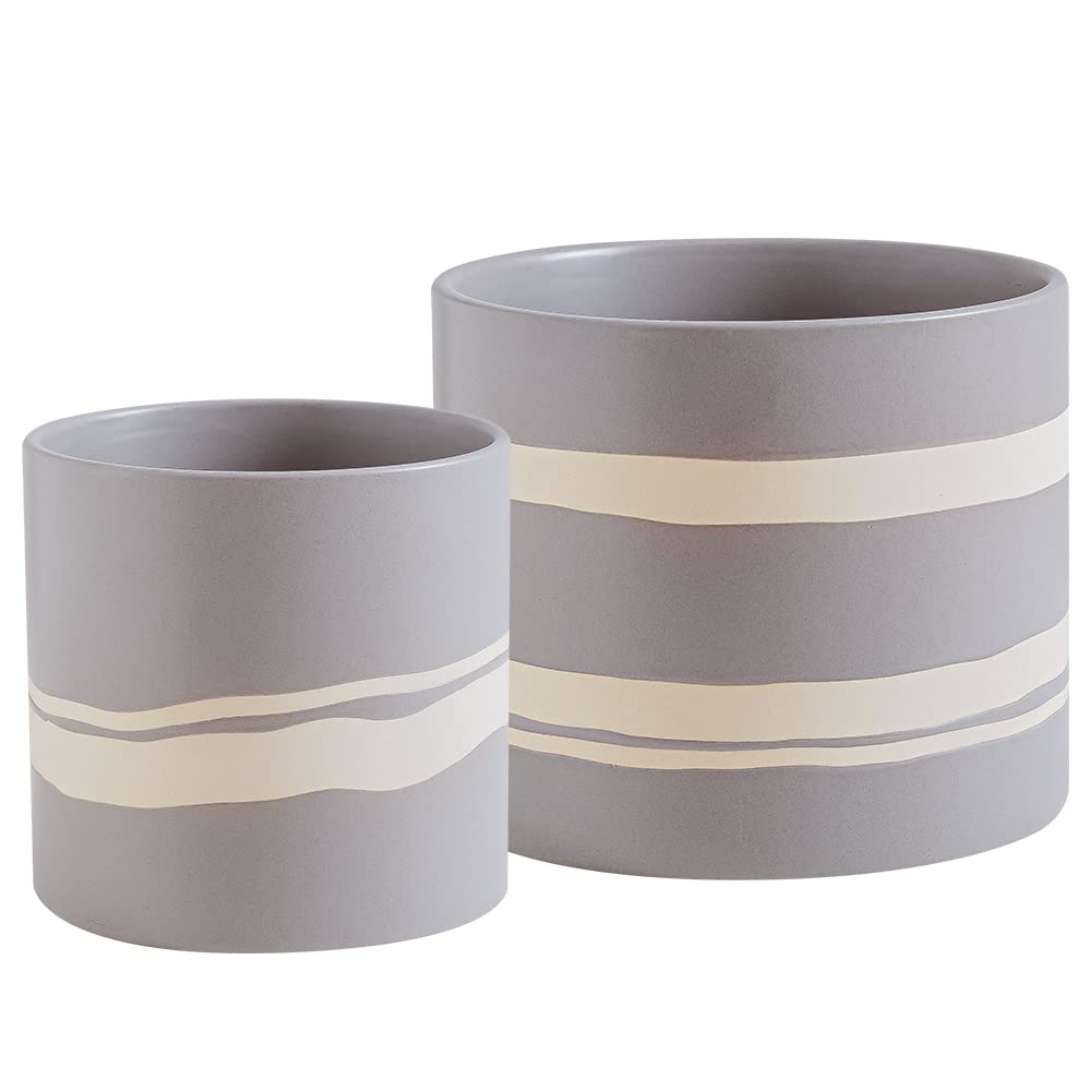 Nihow Modern Ceramic Plant Pot - 5 + 7 Inch Flower Pot for All Indoor Plants - Sturdy Planter Pots with Drainage Hole & Rubber Plugs - Semi-Matte Gray & Nature - Plants Not Included