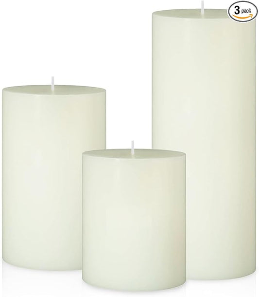 Set of 3 Different Size Ivory Pillar Candles, Unscented Dripless 2.75x3, 2.75x4, 2.75x6 Inch Long Lasting Cylinder Wax Candles for Home Power Outage Dinner Table Decoration