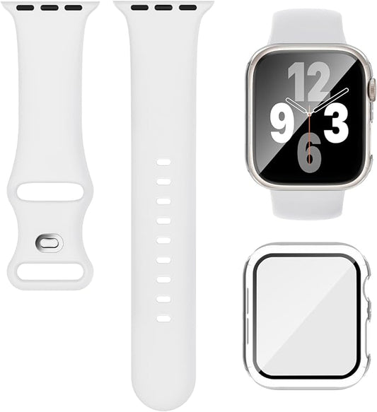 Compatible for Apple Watch Band 40mm 41mm and Case with Screen Protector, Soft Silicone Sport Strap Bands and Protective Cover with Tempered Glass for iWatch Series 9 8 7 SE 6 5 4
