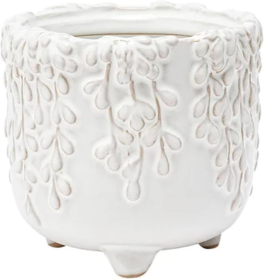 Napco Embossed Leaf Vine Floral 3.25 x 3 x 3 inches White Ceramic Flower Succulent Plant Pot Planter Container Holder, Indoor Outdoor Garden Décor