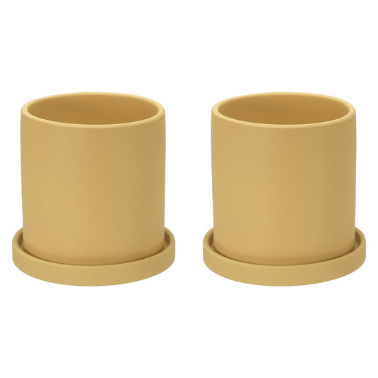 PATIKIL 4.3 Inch Ceramic Plant Pots, 2 Pack Modern Flower Planters with Drainage Holes and Tray for Decorate Home Indoor Plants Succulent Herb, Yellow