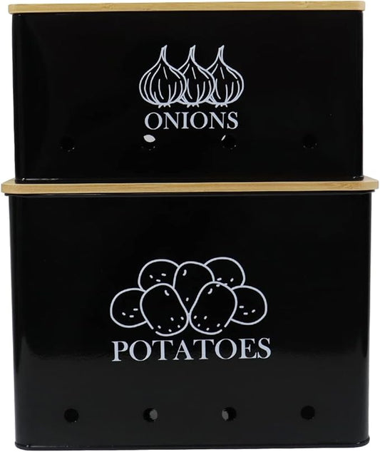 Potato and Onion Storage Bin Set of 2, Vented Metal Vegetable Storage with Wooden Lids, Farmhouse Kitchen Canisters for Countertop Pantry Organizer, Potato Bin Onion Holder for Produce Storage, Black