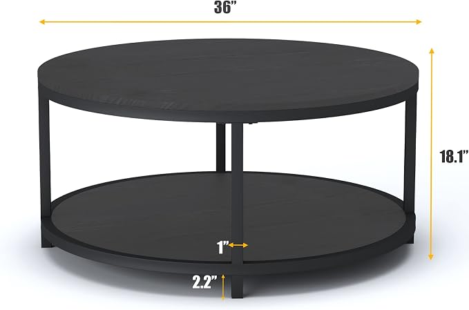 NSdirect Round Coffee Table, 36" Rustic Wooden Surface Top & Sturdy Metal Legs Industrial Sofa Table for Living Room Modern Design Home Furniture with Storage Open Shelf (Black Oak)