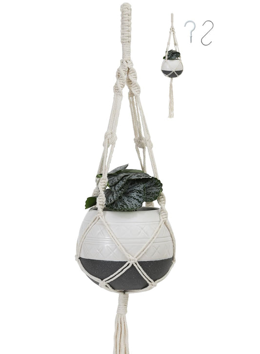 TAMAYKIM 6 Inch Ceramic Hanging Plant Pot with Macrame Plant Hanger & Hooks, Drum Shape Small Flower Planter for Indoor Outdoor, Balcony Garden Decor, White with Grey