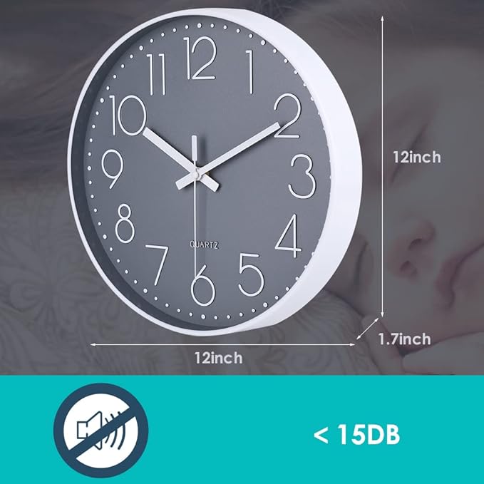 jomparis Wall Clock 12 Inch Non-Ticking Silent Battery Operated Round Wall Clock Modern Elegant Simple Style Clock for Home Office Kitchen Bedroom Living Room