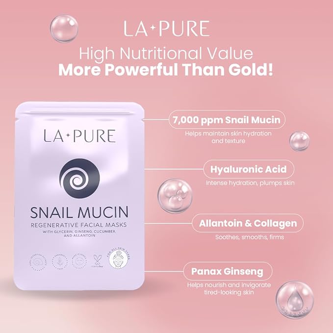 Snail Mucin Mask ??10ct Korean Sheet Mask Pack for Signs of Aging, Aid Skin Repair & Hydration ??Pure Snail Mask for Face with Collagen & Hyaluronic Acid ??Cruelty-Free Hydrating Sheet Mask