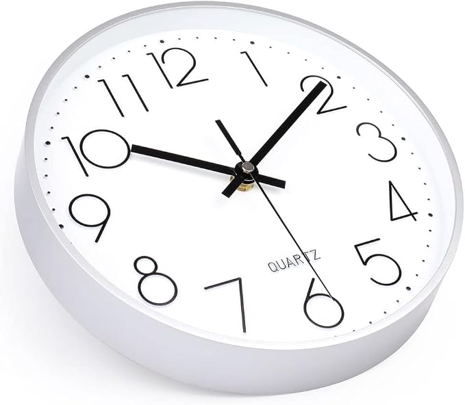jomparis 10 Inch Silver Wall Clock Battery Operated Silent & Non-Ticking Wall Clock for Home Office Bathroom