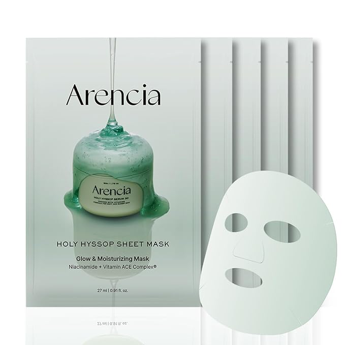 Hyssop Glow Sheet Mask, 5 Pack, Hydrating, Glowing, Boosting, Repairing for younger looking skin with Vitamin A,C,E